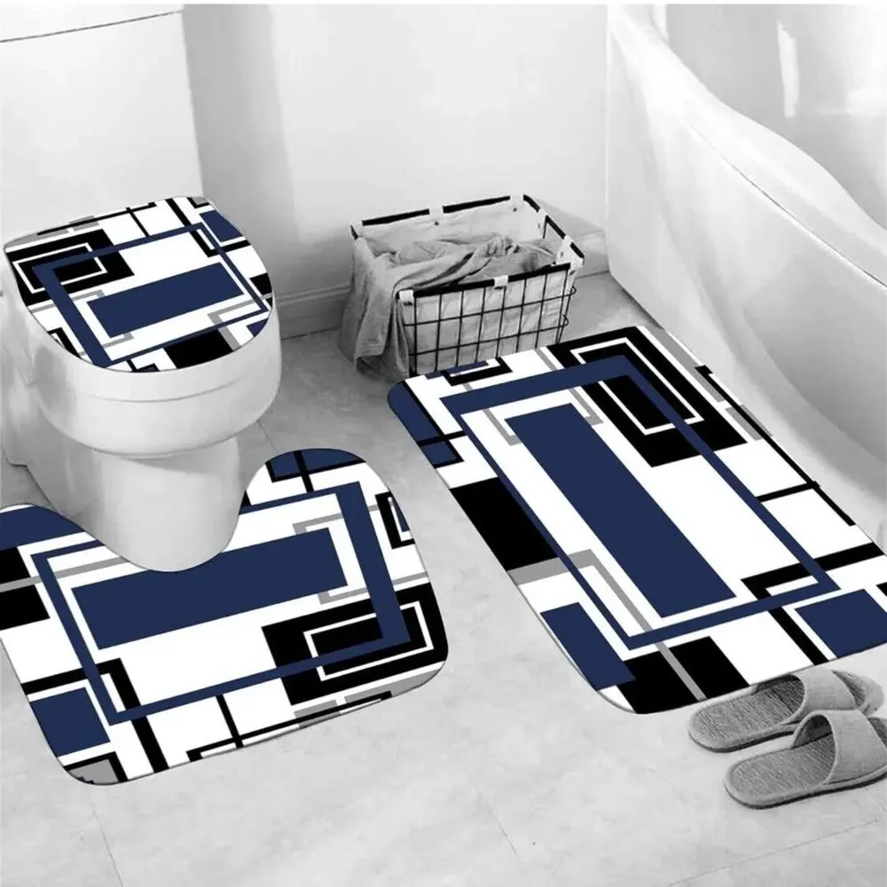 Yddsky 4 Pcs Blue Geometric Shower Curtain Sets Non-Slip Rugs Bath Mat, Toilet
